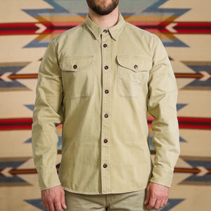 Freenote 11oz Sateen Twill Utility Shirt Khaki worn front