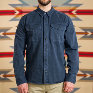 Freenote 11oz Sateen Twill Utility Shirt Navy worn front