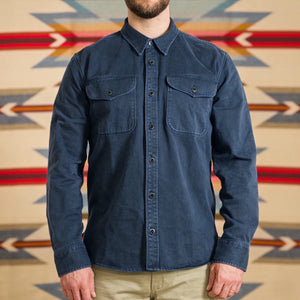 Freenote 11oz Sateen Twill Utility Shirt Navy worn front
