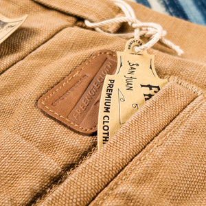 Freenote 14oz Slub Deck Pants Tan Regular Straight close up leather patch