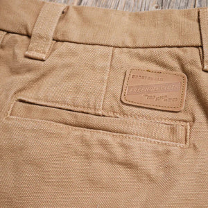 Freenote 14oz Slub Deck Pants Tan Regular Straight close up back pocket leather patch