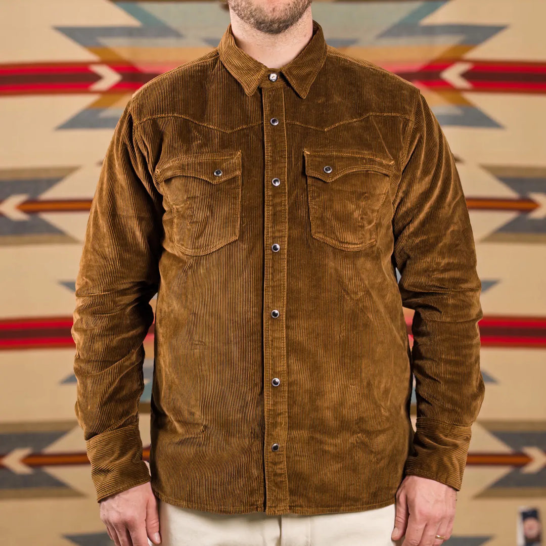 Freenote 8oz Calico Corduroy Western Shirt Gold worn front
