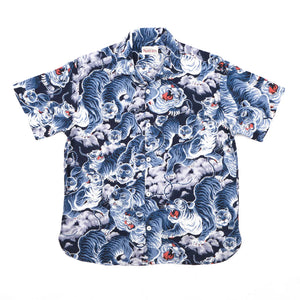 Freenote Hawaiian Ice Tiger Linen Shirt Blue front flat