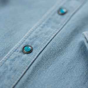 Freenote 11oz Modern Western Denim Shirt Bleached close up turquoise button