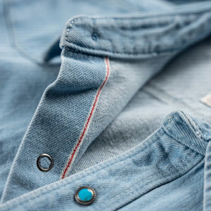Freenote 11oz Modern Western Denim Shirt Bleached close up selvedge detail