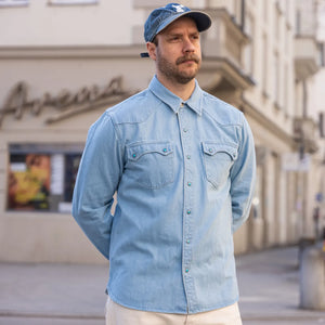 Freenote 11oz Modern Western Denim Shirt Bleached lifestyle front