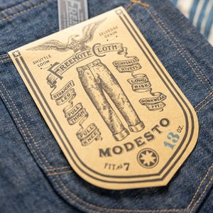 Freenote Cloth Modesto 13oz Natural Indigo Selvedge Jeans Wide Straight close up paper label