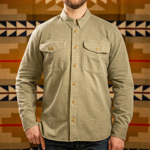 Freenote Sateen Twill Utility Shirt Olive worn front