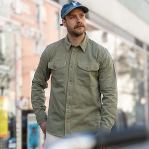 Freenote Sateen Twill Utility Shirt Olive worn lifestyle
