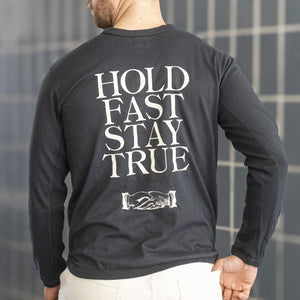 Fullcount 5222LPT9 8oz Flat Seam Hold Fast Stay True Longsleeve Ink Black Loopwheeled lifestyle worn backside