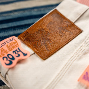 Indigofera 13oz Smithson Canvas Duke Pants Ecru Wide Straight close up new leather patch