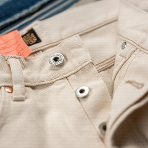 Indigofera 13oz Smithson Canvas Duke Pants Ecru Wide Straight close up button fly