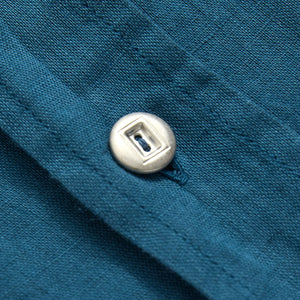 Indigofera 4oz McAllen Cotton Linen Canvas Shirt Ocean Blue close up button