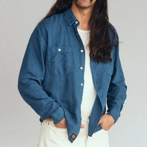 Indigofera 4oz McAllen Cotton Linen Canvas Shirt Ocean Blue worn front