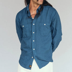 Indigofera 4oz McAllen Cotton Linen Canvas Shirt Ocean Blue worn front lifestyle