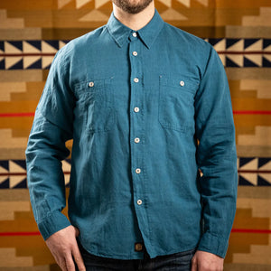 Indigofera 4oz McAllen Cotton Linen Canvas Shirt Ocean Blue worn front