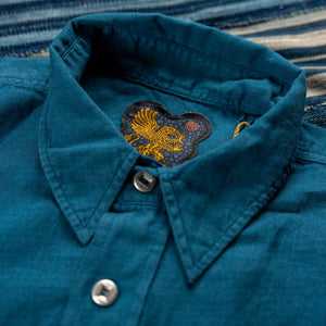 Indigofera 4oz McAllen Cotton Linen Canvas Shirt Ocean Blue close up collar