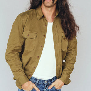 Indigofera Alamo Twill Shirt Military Olive worn front open