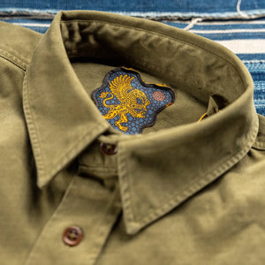 Indigofera Alamo Twill Shirt Military Olive detail collar