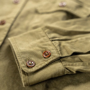 Indigofera Alamo Twill Shirt Military Olive close up cuff