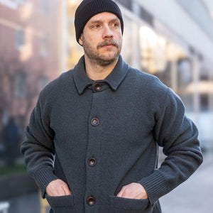 Indigofera Brewster Merino Wool Cardigan Dark Grey lifestyle worn