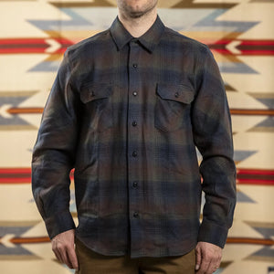 Indigofera Bryson Flannel Check Shirt Green Wine Navy worn front