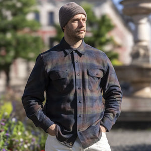 Indigofera Bryson Flannel Check Shirt Green Wine Navy lifestyle worn front