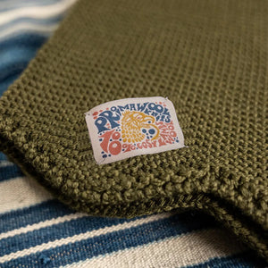 Indigofera Chilcoot Merino Wool Scarf Olive detail label