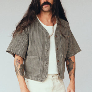 Indigofera Cobb Shirt Hickory Stripe Black White worn front