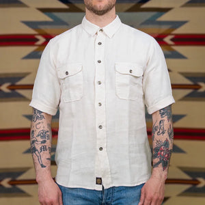 Indigofera Delray 6oz Linen Canvas Shirt Ecru worn front