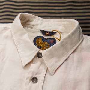 Indigofera Delray 6oz Linen Canvas Shirt Ecru close up collar