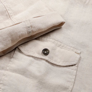Indigofera Delray 6oz Linen Canvas Shirt Ecru detail cuff and chest pocket