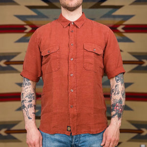 Indigofera Delray 6oz Linen Canvas Shirt Rust worn front