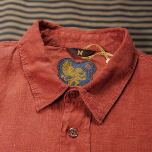 Indigofera Delray 6oz Linen Canvas Shirt Rust close up collar