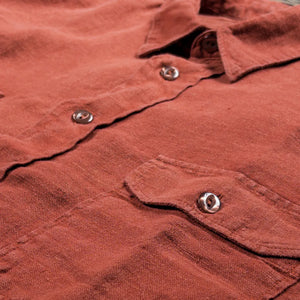 Indigofera Delray 6oz Linen Canvas Shirt Rust close up chest pocket