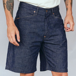 Indigofera Foley 8oz Military Chambray Shorts Indigo Wide worn front
