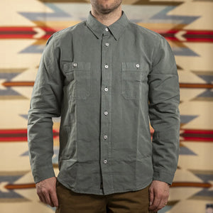 Indigofera McAllen Cotton Linen Canvas Work Shirt Sage Green worn front