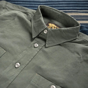 Indigofera McAllen Cotton Linen Canvas Work Shirt Sage Green detail collar
