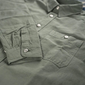 Indigofera McAllen Cotton Linen Canvas Work Shirt Sage Green detail cuff