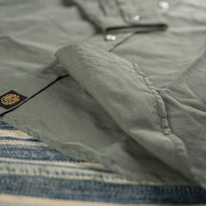 Indigofera McAllen Cotton Linen Canvas Work Shirt Sage Green detail hem