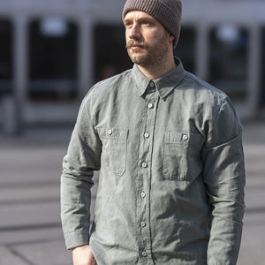 Indigofera McAllen Cotton Linen Canvas Work Shirt Sage Green lifestyle worn front