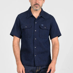 Iron Heart 10oz Dobby Cloth Short Sleeve Mechanic Shirt Indigo IHSH445 worn front