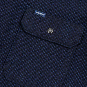 Iron Heart 10oz Dobby Cloth Short Sleeve Mechanic Shirt Indigo IHSH445 close up chest pocket