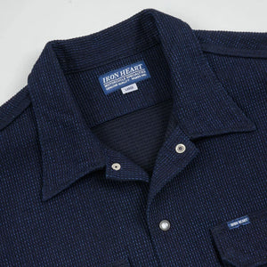 Iron Heart 10oz Dobby Cloth Short Sleeve Mechanic Shirt Indigo IHSH445 close up collar open