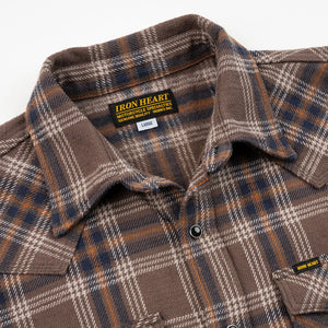 Iron Heart 12oz Slubby Ultra Heavy Flannel Check Western Shirt Brown IHSH431 close up collar open