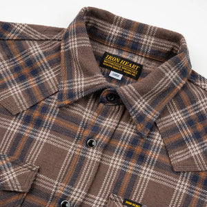 Iron Heart 12oz Slubby Ultra Heavy Flannel Check Western Shirt Brown IHSH431 close up collar closed
