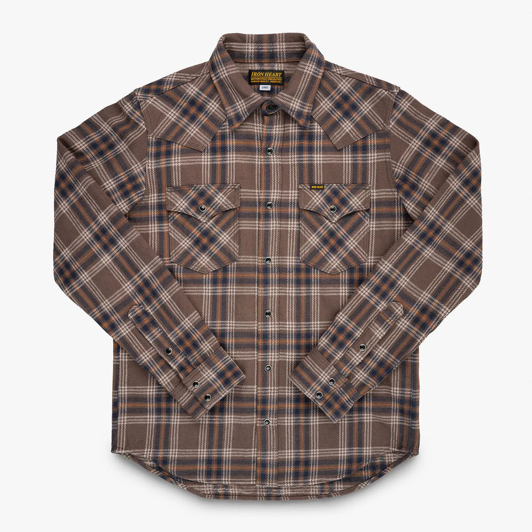 Iron Heart 12oz Slubby Ultra Heavy Flannel Check Western Shirt Brown IHSH431 front
