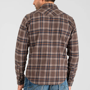 Iron Heart 12oz Slubby Ultra Heavy Flannel Check Western Shirt Brown IHSH431 worn backside