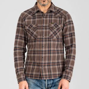 Iron Heart 12oz Slubby Ultra Heavy Flannel Check Western Shirt Brown IHSH431 worn front