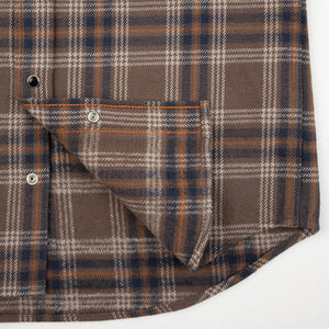 Iron Heart 12oz Slubby Ultra Heavy Flannel Check Western Shirt Brown IHSH431 close up fabric inside